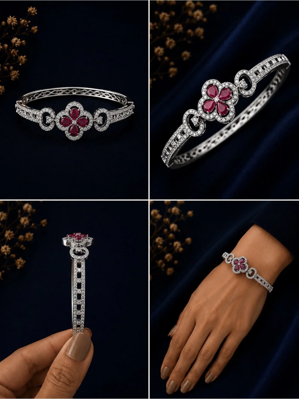 Silver-Tone Bracelet with Pink Floral Gemstone Accent